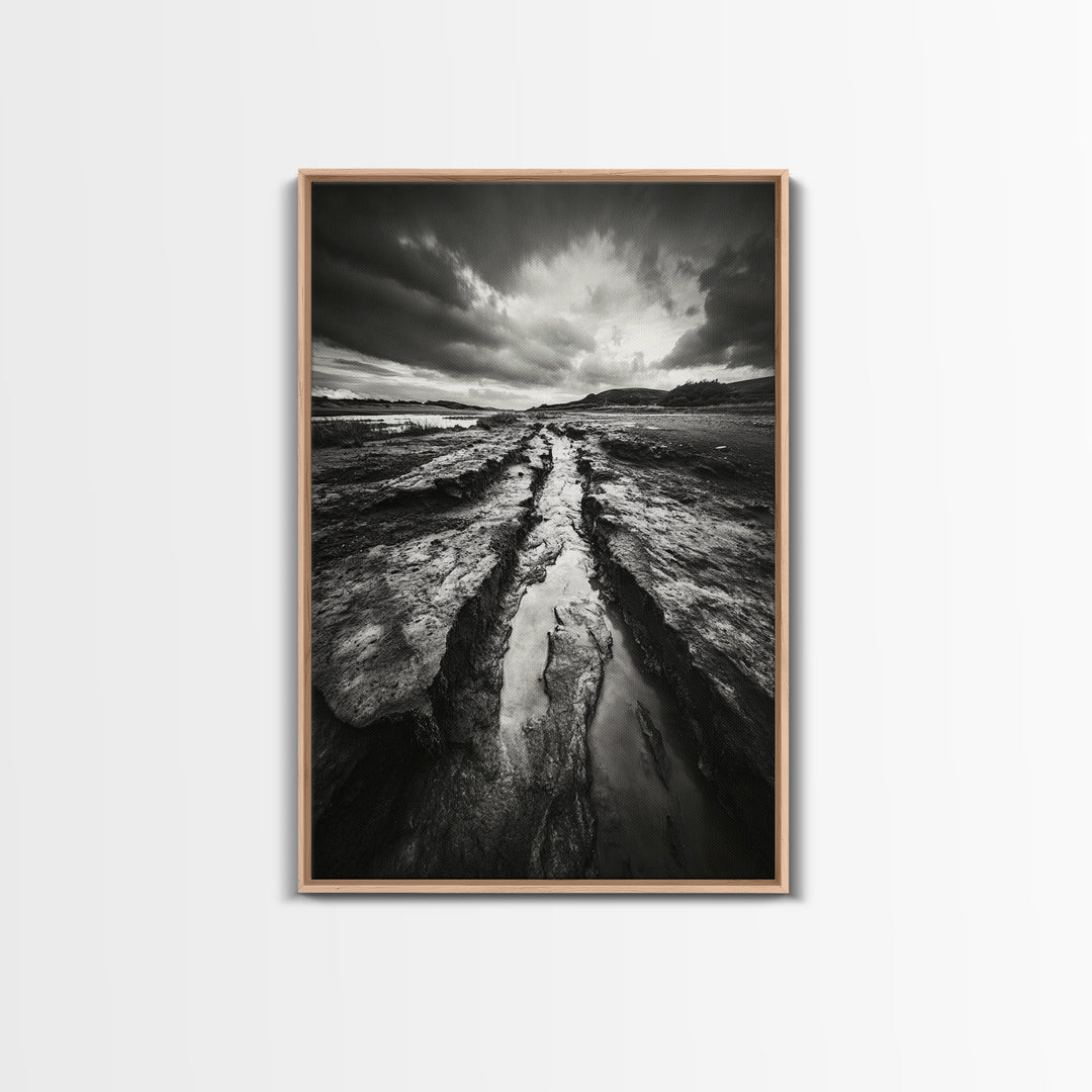 Muddy Terrain, Dramatic Sky, Natural Earth Art, Framed Canvas Print, Fall Decor, Landscape Photography, Moody Living Room Art