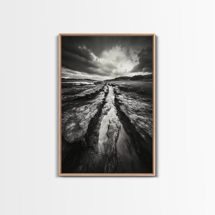 Muddy Terrain, Dramatic Sky, Natural Earth Art, Framed Canvas Print, Fall Decor, Landscape Photography, Moody Living Room Art