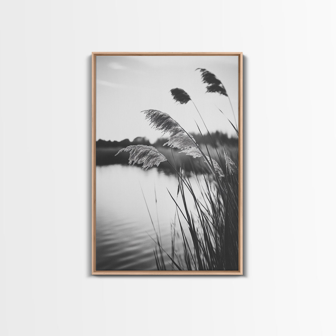 Reed Grass, Gentle Breeze, Black and White Nature, Canvas Print, Minimalist Wall Art, Tranquil Lake Scene, Bedroom Decor