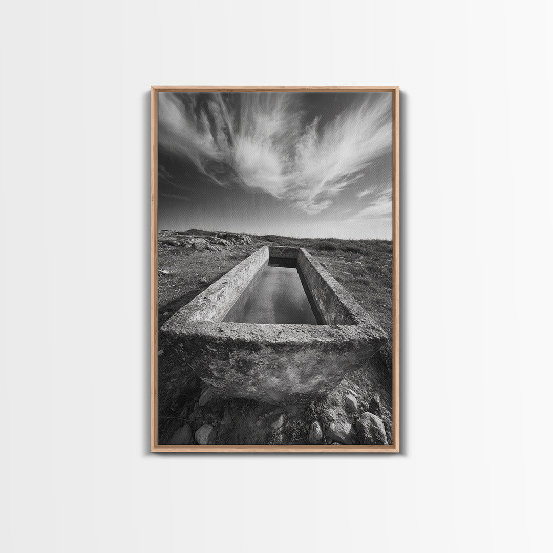 Stone Water Trough, Wild Horizon, Rustic Scene, Framed Canvas Print, Country Farm Decor, Outdoor Living Art, Neutral Wall Accent