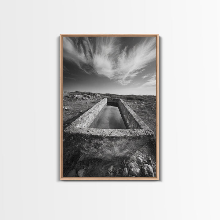Stone Water Trough, Wild Horizon, Rustic Scene, Framed Canvas Print, Country Farm Decor, Outdoor Living Art, Neutral Wall Accent