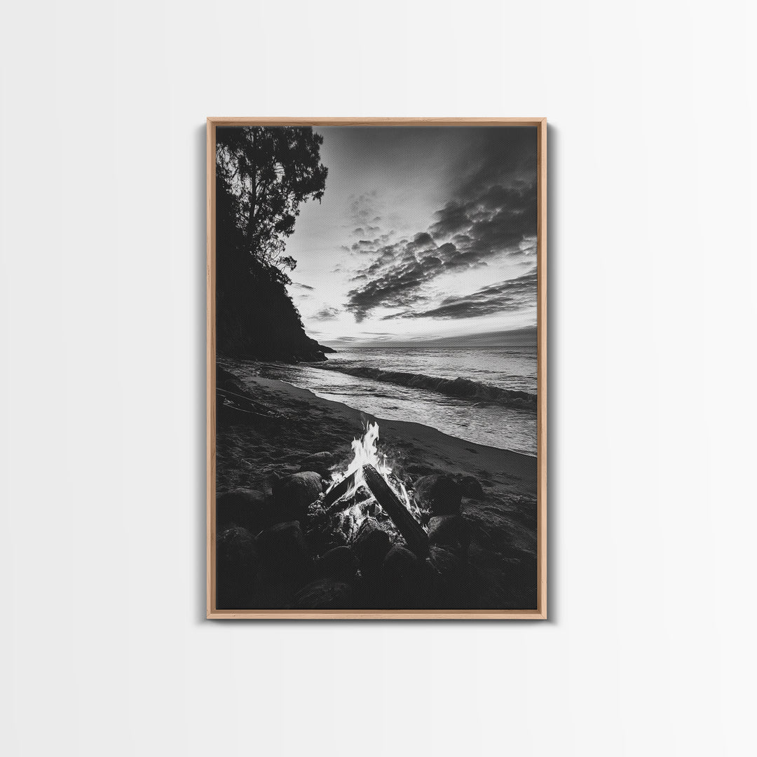 Shoreline fire night, beach flames, evening waves, rustic warmth, Canvas Print, Autumn decor, outdoor adventure minimalist wall art