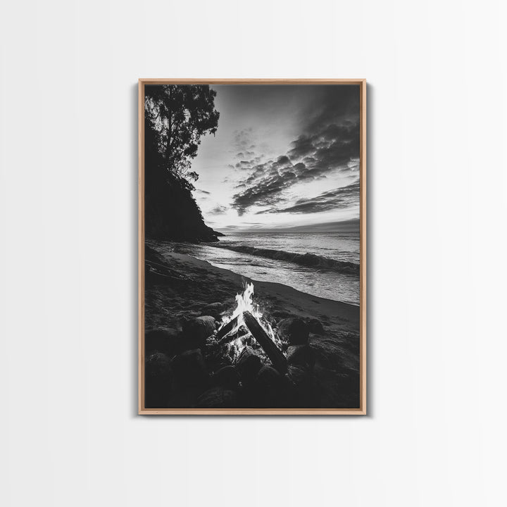 Shoreline fire night, beach flames, evening waves, rustic warmth, Canvas Print, Autumn decor, outdoor adventure minimalist wall art