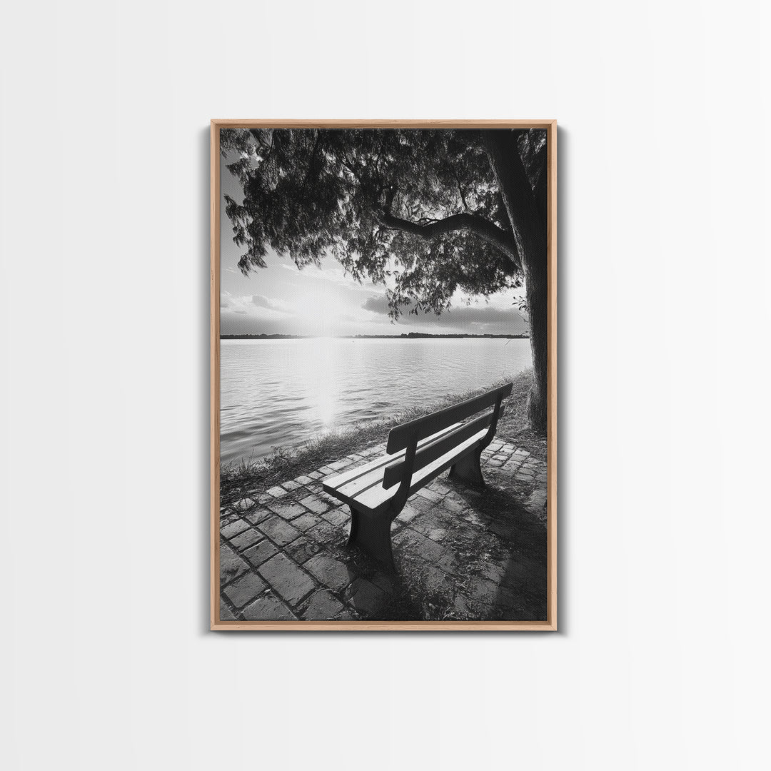 Peaceful Lake Bench, Tranquil Sunrise, Tree Shade View, Nature Serenity, Framed Canvas Print, Minimalist Art, Bedroom Wall Decor
