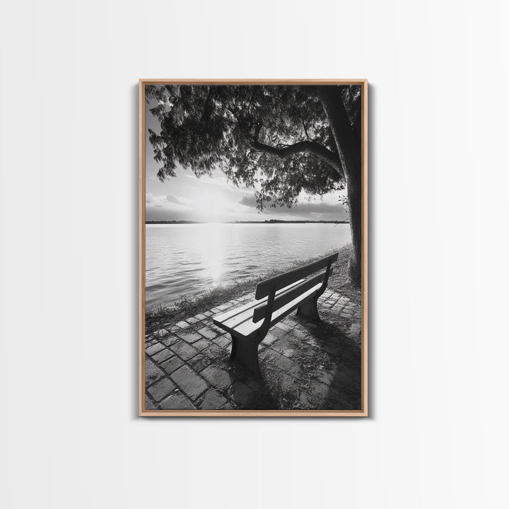 Peaceful Lake Bench, Tranquil Sunrise, Tree Shade View, Nature Serenity, Framed Canvas Print, Minimalist Art, Bedroom Wall Decor