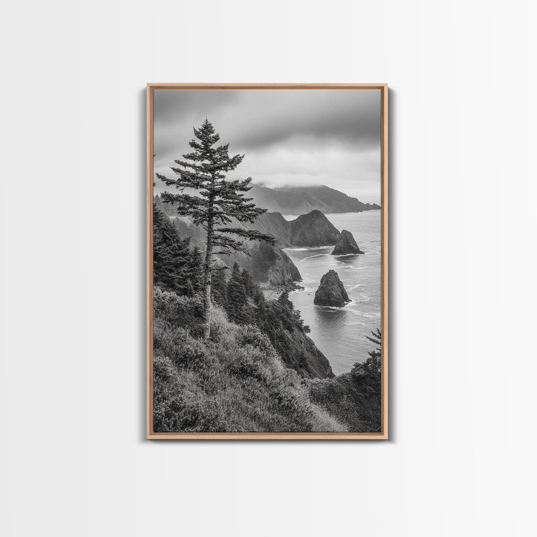 Oregon Coastline View, Misty Cliffs, Evergreen Forest, Coastal Vibes, Framed Canvas Print, Rustic Cabin Art, Living Room Wall Decor
