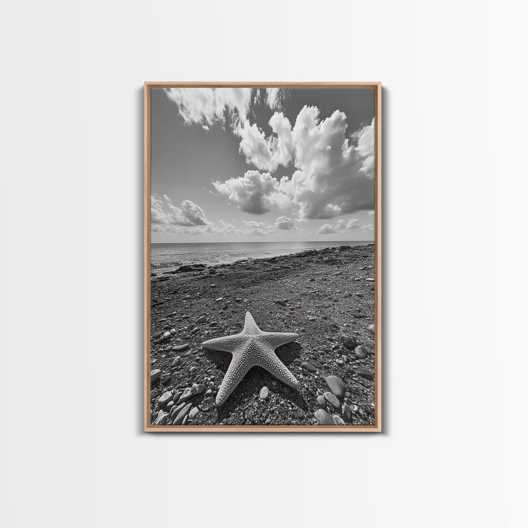 Starfish on Shore, Rocky Beach Scene, Cloudy Sky Horizon, Ocean Calm, Framed Canvas Print, Coastal Art, Bathroom Wall Decor