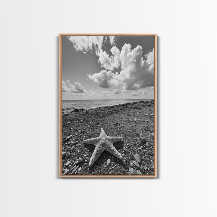 Starfish on Shore, Rocky Beach Scene, Cloudy Sky Horizon, Ocean Calm, Framed Canvas Print, Coastal Art, Bathroom Wall Decor