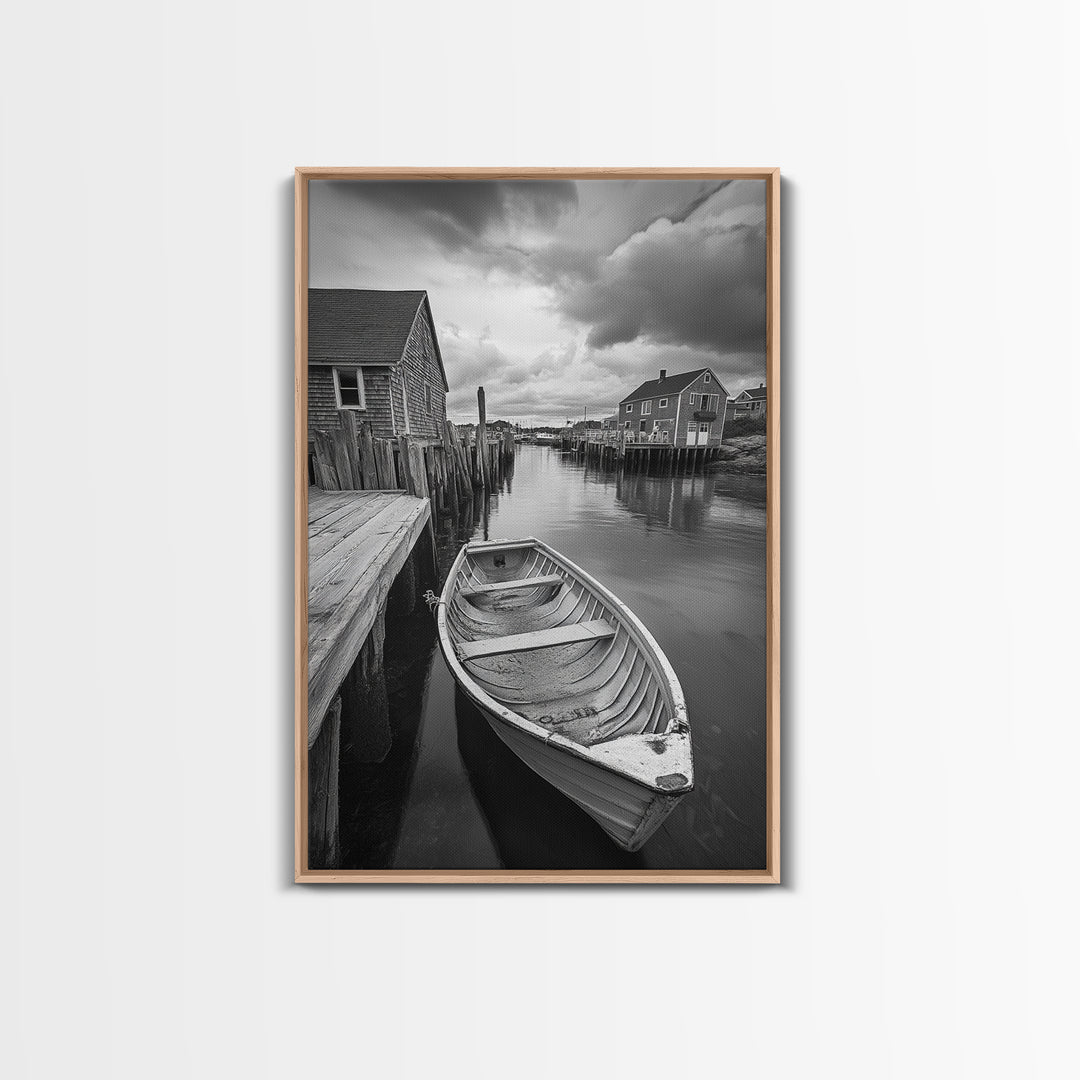 Docked Rowboat Scene, Calm Harbor, Coastal Village, Still Waters, Framed Canvas Print, Seaside Art, Beach House Wall Decor