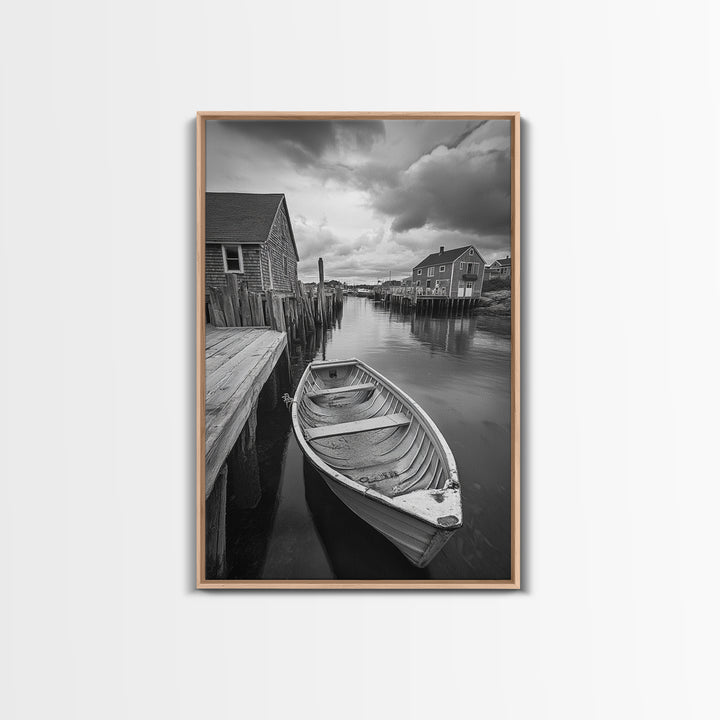 Docked Rowboat Scene, Calm Harbor, Coastal Village, Still Waters, Framed Canvas Print, Seaside Art, Beach House Wall Decor