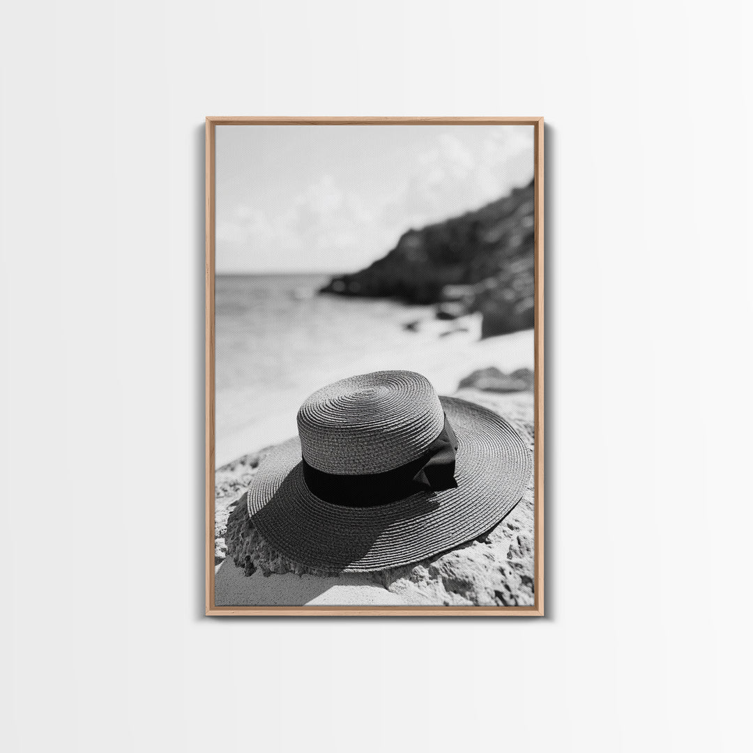 Beach Hat Closeup, Seaside Fashion, Coastal Breeze, Relaxed Mood, Framed Canvas Print, Minimalist Beach Art, Summer Home Decor