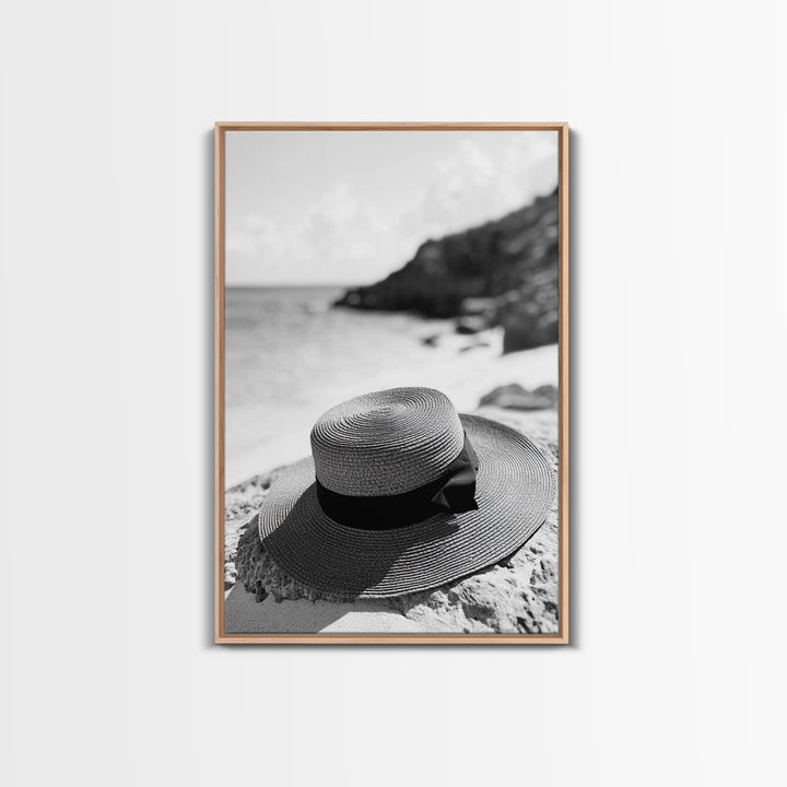 Beach Hat Closeup, Seaside Fashion, Coastal Breeze, Relaxed Mood, Framed Canvas Print, Minimalist Beach Art, Summer Home Decor