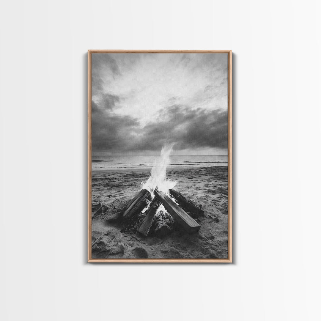 Beach bonfire moment, soft flame serenity, ocean dusk, coastal camp vibes, Framed Canvas Print, Fall decor, hygge inspired wall decor