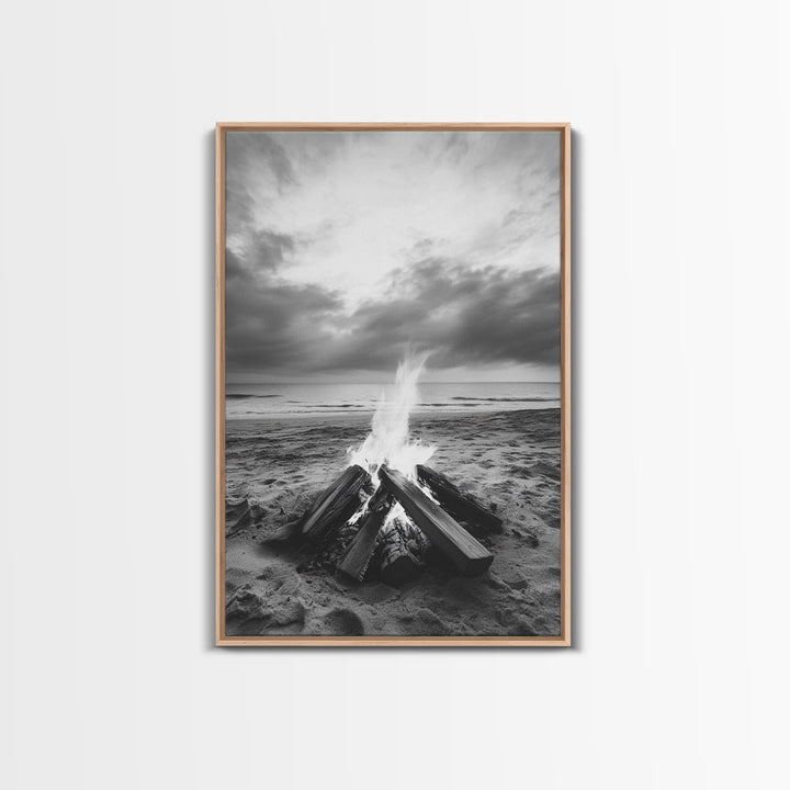 Beach bonfire moment, soft flame serenity, ocean dusk, coastal camp vibes, Framed Canvas Print, Fall decor, hygge inspired wall decor