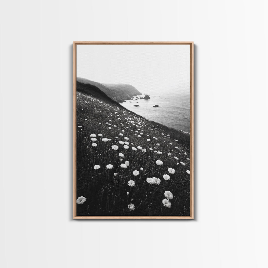 Daisy Cliffside Bloom, Coastal Flowers, Peaceful Nature Scene, Framed Canvas Print, Bedroom Wall Art, Botanical Decor, Minimalist Style