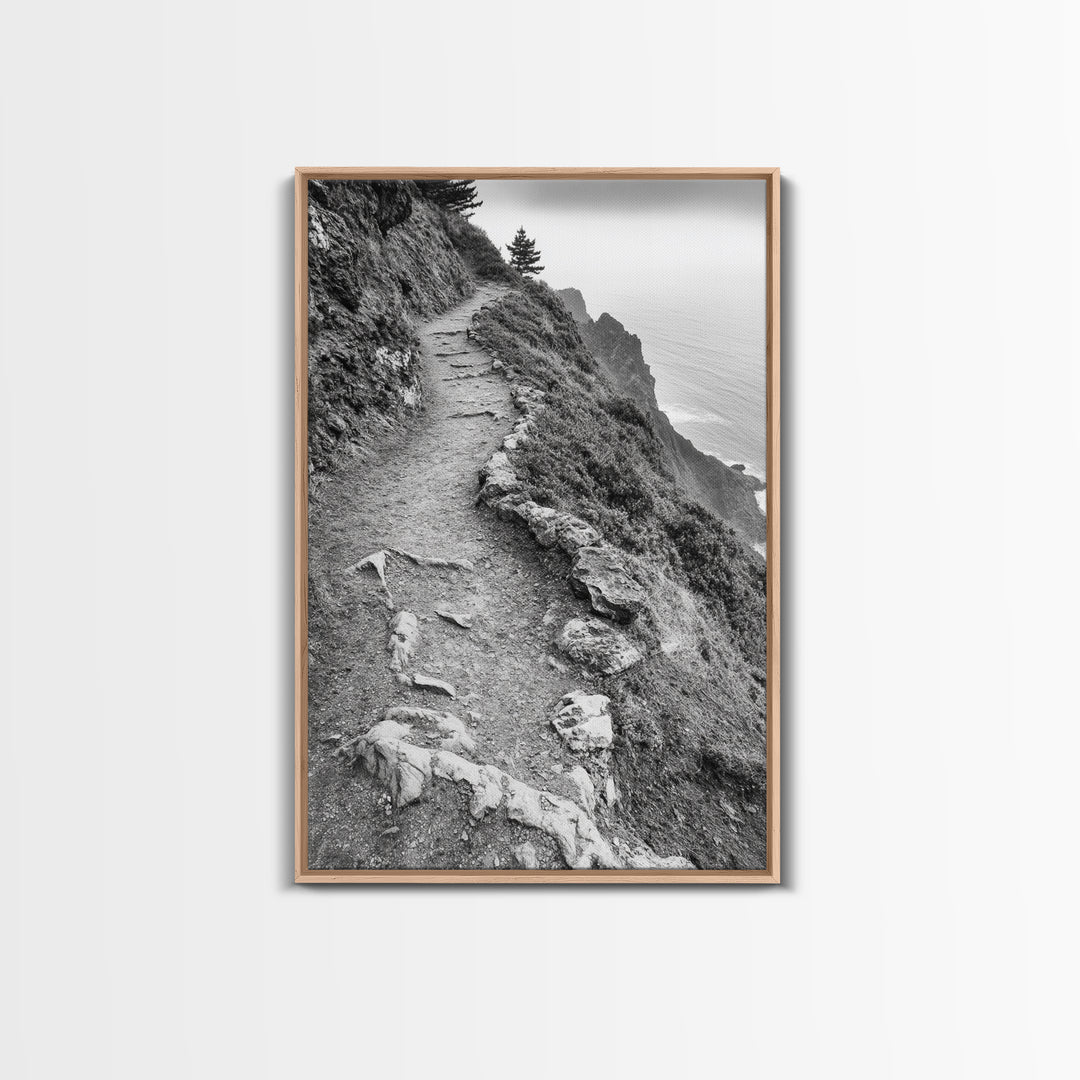 Rocky Cliff Trail, Coastal Hiking, Rugged Landscape, Nature Adventure Art, Framed Canvas Print, Cabin Wall Decor, Black and White Aesthetic