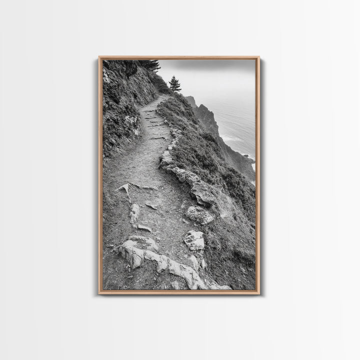 Rocky Cliff Trail, Coastal Hiking, Rugged Landscape, Nature Adventure Art, Framed Canvas Print, Cabin Wall Decor, Black and White Aesthetic