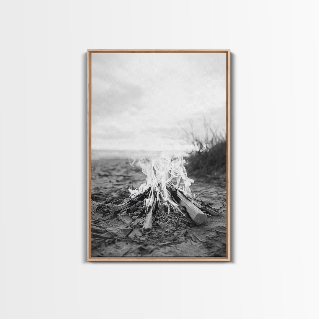 Campfire, Beach, Smoke, Glow - Cozy outdoor scene with flickering flame, Canvas Print, perfect rustic cabin or camping decor, Autumn Wall Art