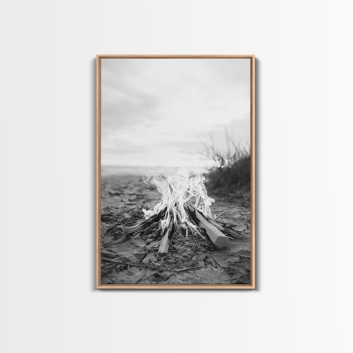 Campfire, Beach, Smoke, Glow - Cozy outdoor scene with flickering flame, Canvas Print, perfect rustic cabin or camping decor, Autumn Wall Art