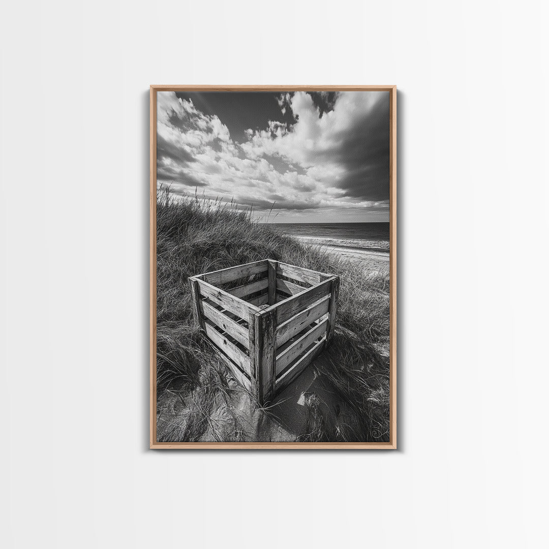 Weathered Crate, Ocean Dunes, Coastal Photography, Canvas Print, Beach House Wall Art, Minimalist Rustic Decor, Bathroom Wall Art