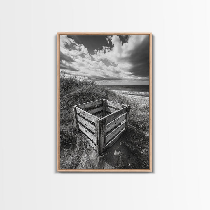 Weathered Crate, Ocean Dunes, Coastal Photography, Canvas Print, Beach House Wall Art, Minimalist Rustic Decor, Bathroom Wall Art