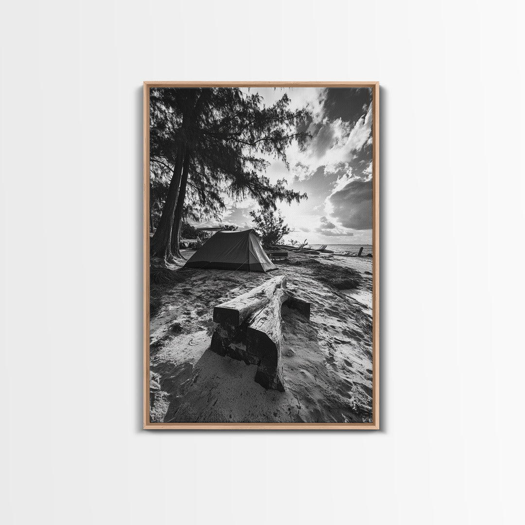 Tent, Beach, Sunset, Trees - Rustic camping coastal escape vibe, Framed Canvas Print, ideal bedroom or adventure nursery decor, outdoor art