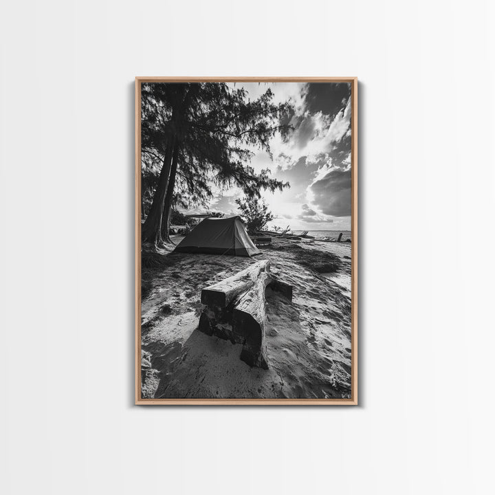 Tent, Beach, Sunset, Trees - Rustic camping coastal escape vibe, Framed Canvas Print, ideal bedroom or adventure nursery decor, outdoor art
