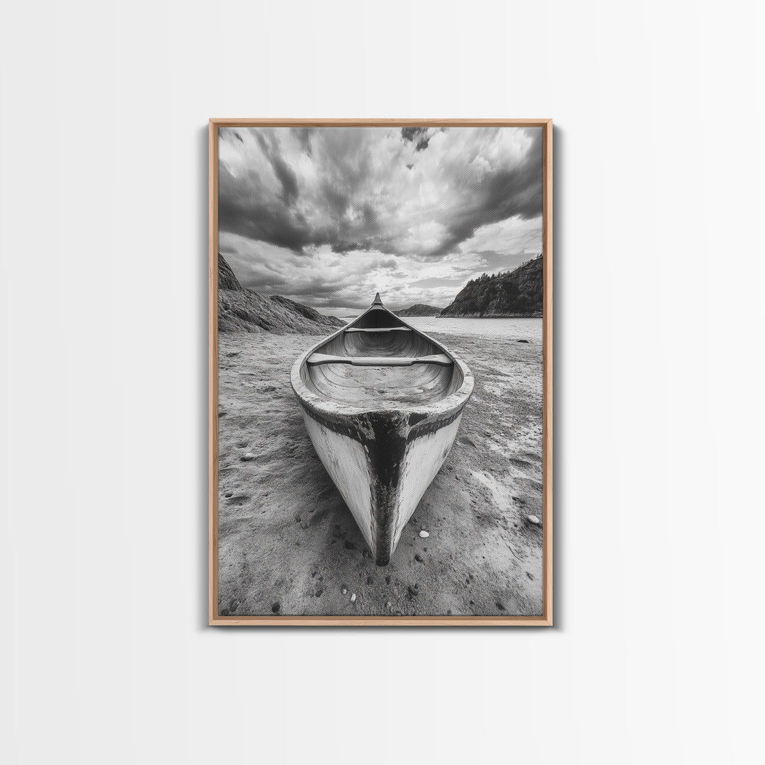 Canoe, Shoreline, Dramatic, Sky - canoe landscape Canvas Print, rustic wall art, entryway decor, nature photography, monochrome mountain