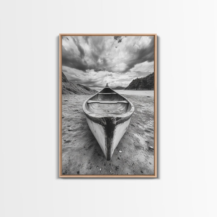 Canoe, Shoreline, Dramatic, Sky - canoe landscape Canvas Print, rustic wall art, entryway decor, nature photography, monochrome mountain