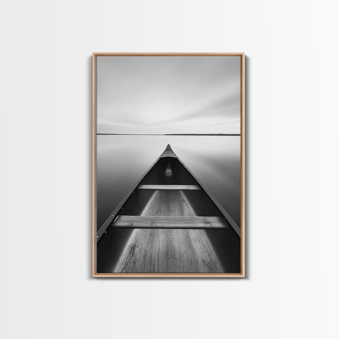 Canoe, Lake, Calm, Horizon - Minimalist lake paddle scene, Framed Canvas Print, peaceful home office art, Scandinavian decor, wilderness print