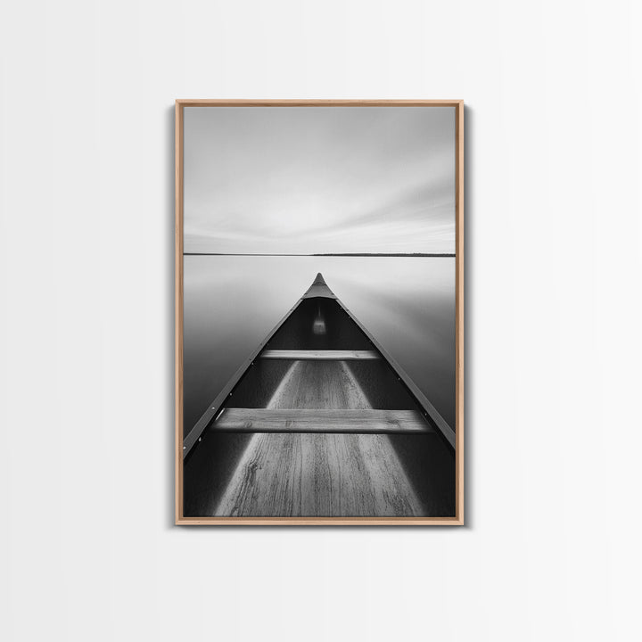 Canoe, Lake, Calm, Horizon - Minimalist lake paddle scene, Framed Canvas Print, peaceful home office art, Scandinavian decor, wilderness print