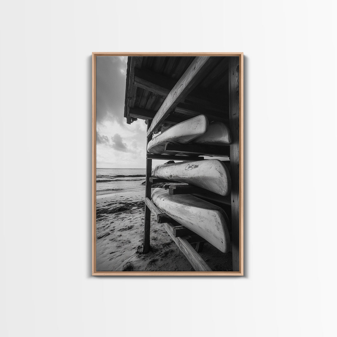 Canoes, Rack, Ocean, Shelter - Surf shack vibes with coastal canoe stack, Framed Canvas Print, great beach house or boho hallway art, grayscale