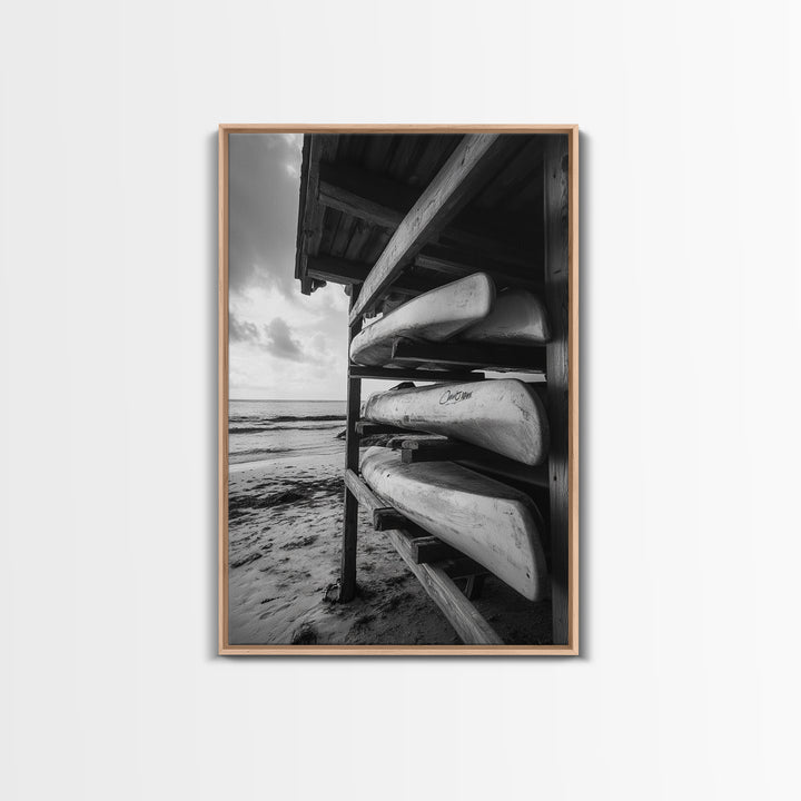 Canoes, Rack, Ocean, Shelter - Surf shack vibes with coastal canoe stack, Framed Canvas Print, great beach house or boho hallway art, grayscale