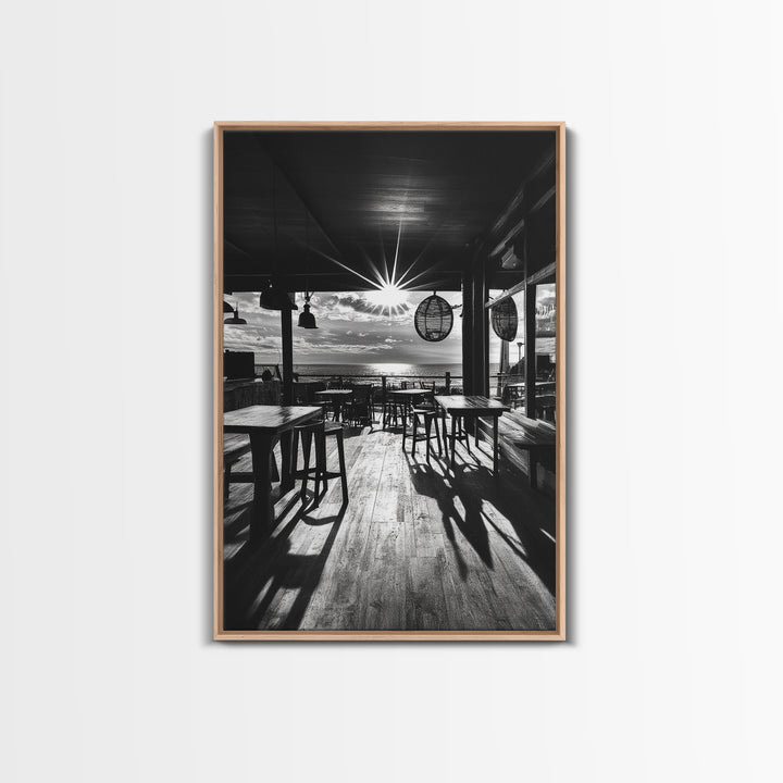 Ocean, Deck, Sunset, Rays - Golden hour beach bar shadows, Canvas Print, perfect dining room or kitchen wall art, rustic coastal decor