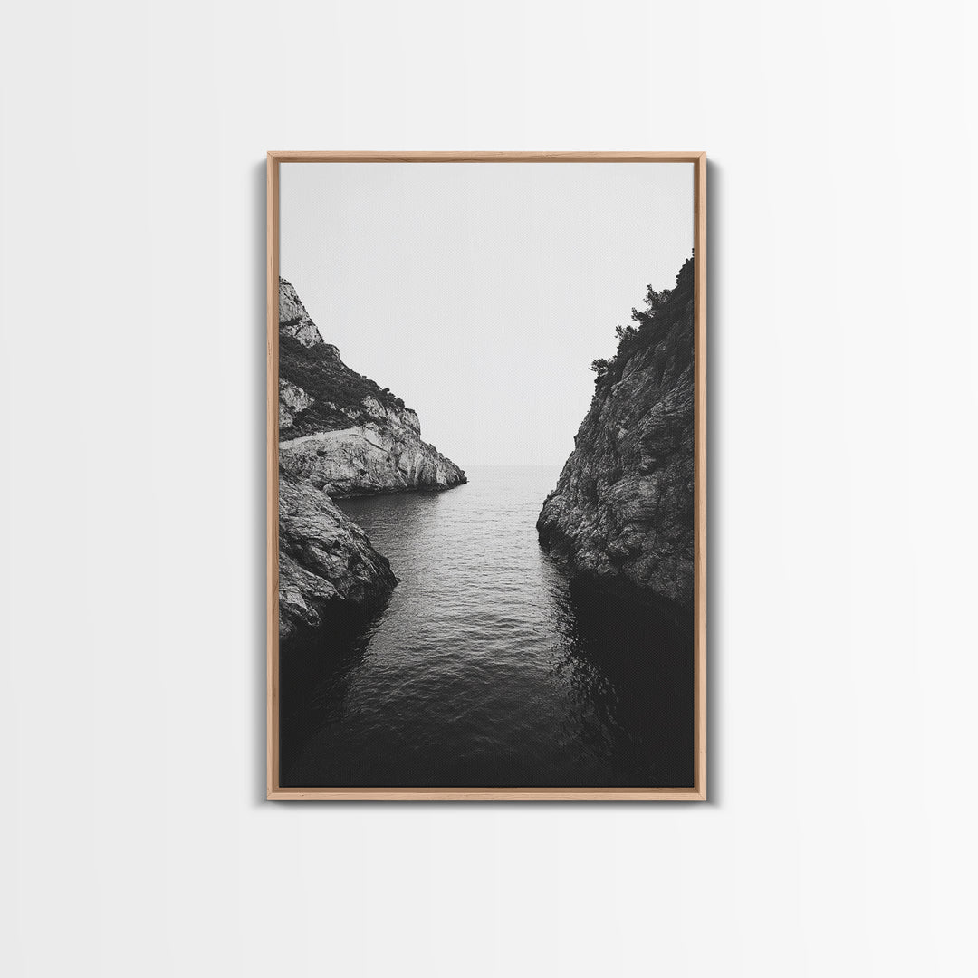 Cliffs, Ocean, Channel, Serenity - Dramatic rocky inlet view, Framed Canvas Print, ideal bathroom or hallway wall art, nature lover minimalist