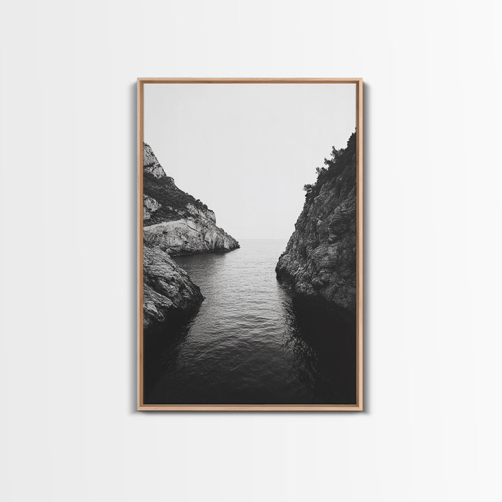 Cliffs, Ocean, Channel, Serenity - Dramatic rocky inlet view, Framed Canvas Print, ideal bathroom or hallway wall art, nature lover minimalist