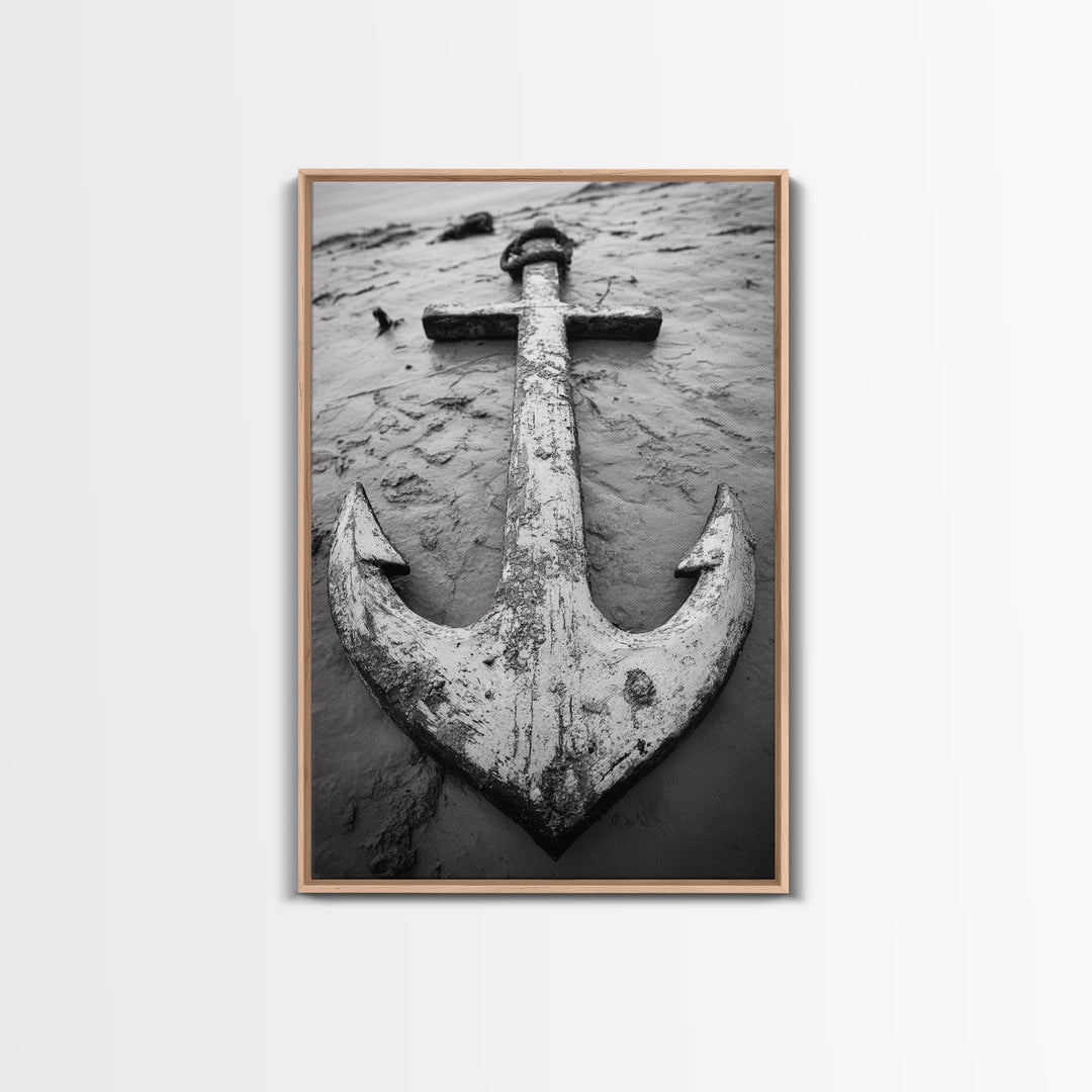 Abandoned Anchor, Nautical Decor, Black White Beach, Framed Canvas Print, Rustic Coastal Wall Art, Entryway Nautical Accent