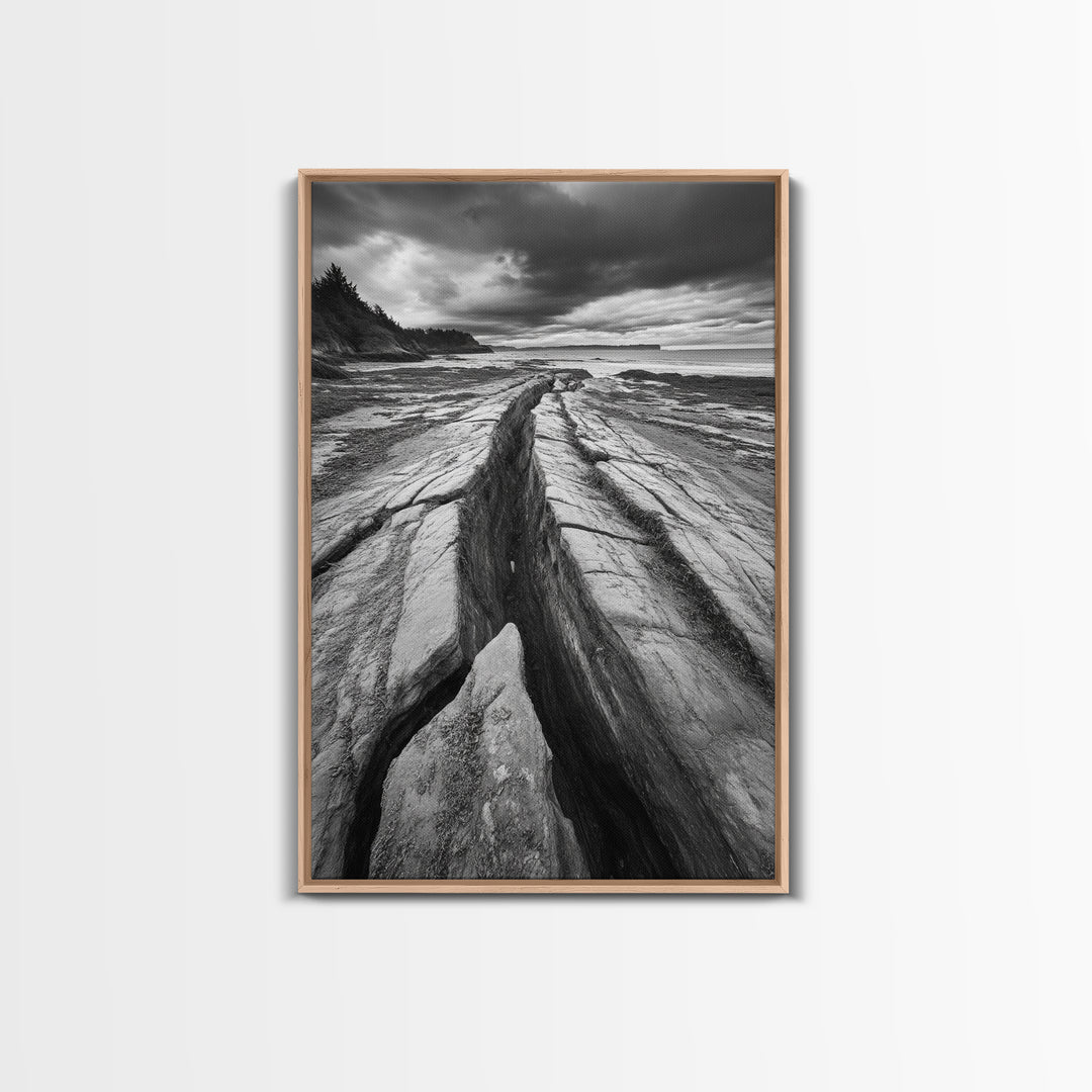 Coastal Rock Divide, Nature Pathway, Moody Beach Print, Living Room Decor, Framed Canvas Print, Minimalist Earthy Wall Art, Den Decor