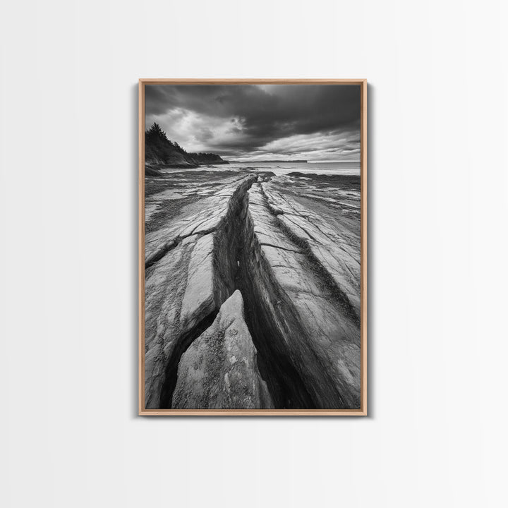 Coastal Rock Divide, Nature Pathway, Moody Beach Print, Living Room Decor, Framed Canvas Print, Minimalist Earthy Wall Art, Den Decor