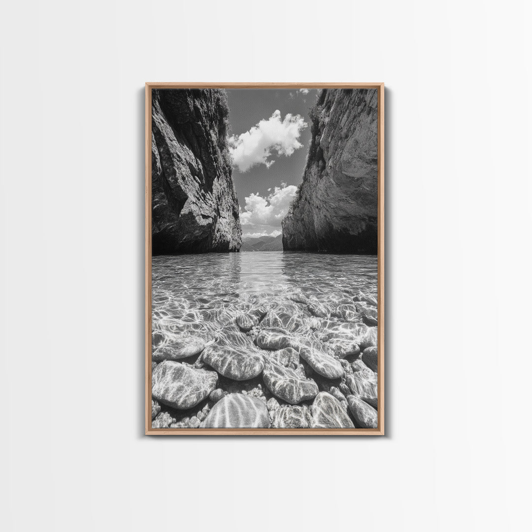 Clear Waterscape, Rocky Shoreline, Tropical Escape, Nature Photography, Framed Canvas Print, Beach House Coastal Wall Art