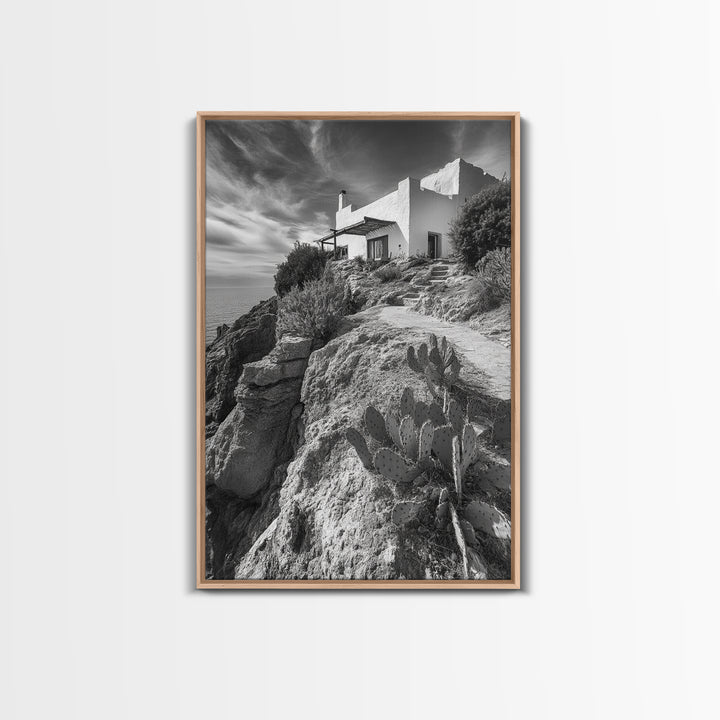 Cliffside Villa, Mediterranean Home, Desert Garden, Rustic Landscape Print, Framed Canvas Print, Modern Boho Living Room Art