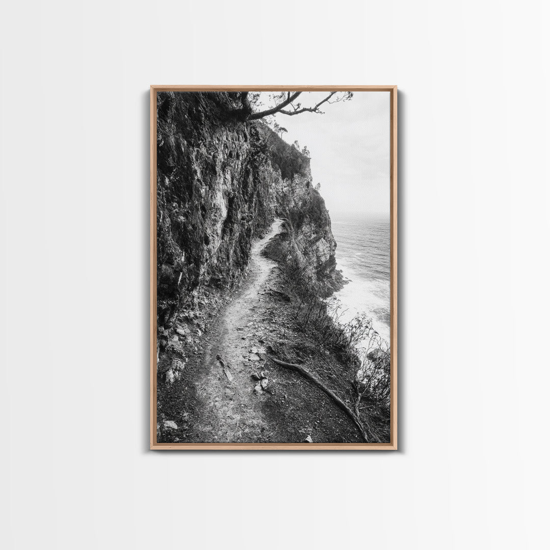 Cliffside Trail, Seaside Path, Coastal Adventure, Outdoor Photography, Framed Canvas Print, Cabin Nature Lover Wall Art, Bedroom Wall Art