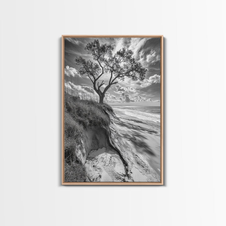 Coastal Tree Scene, Wind Swept Dune, Ocean Beach Horizon, Autumn Coastal Wall Art, Framed Canvas Print, Nature Lover Home Decor