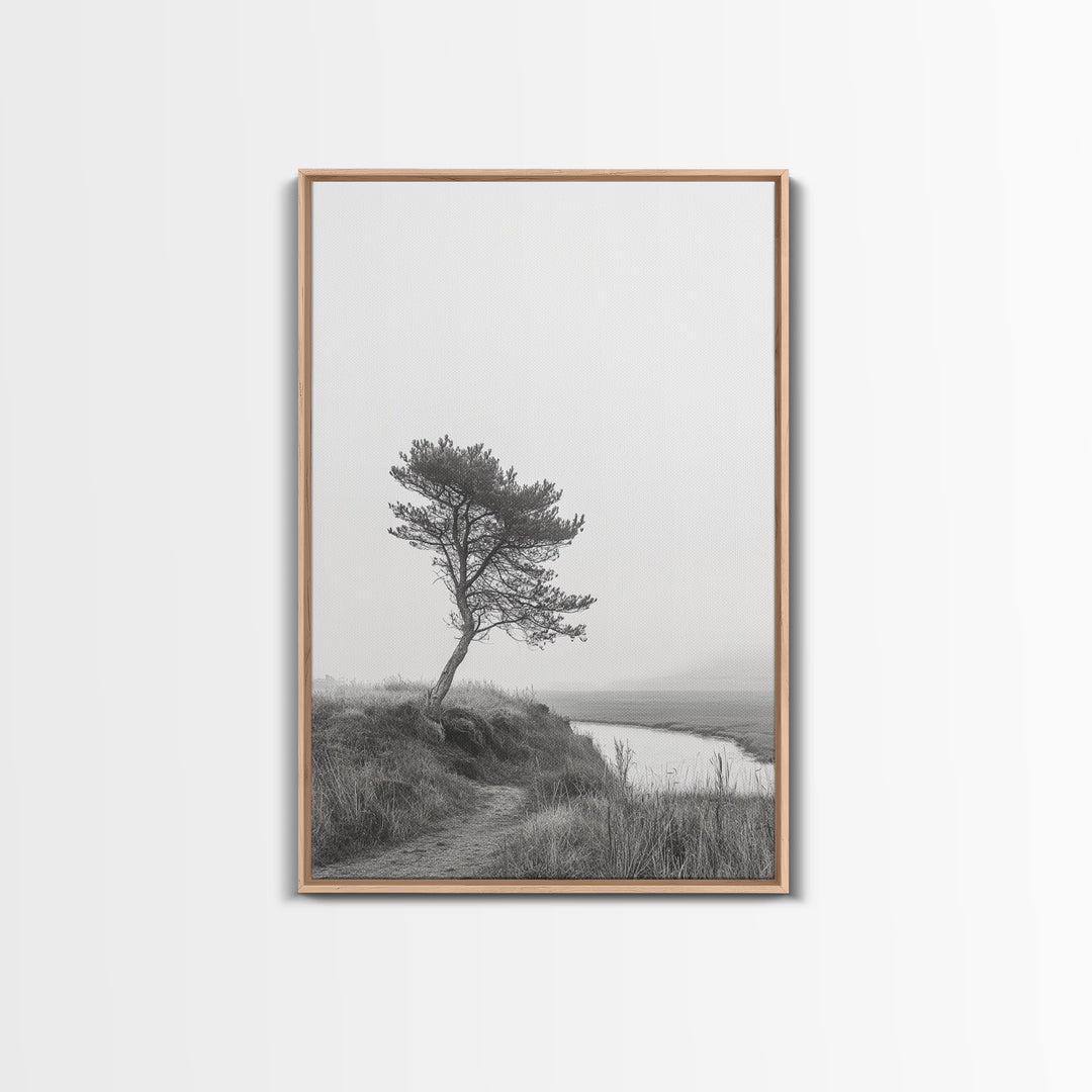 Leaning Tree Path, Soft Fog Scene, Calm Landscape, Canvas Print, Serene Entryway Wall Art, Nature Photography, Minimalist Decor