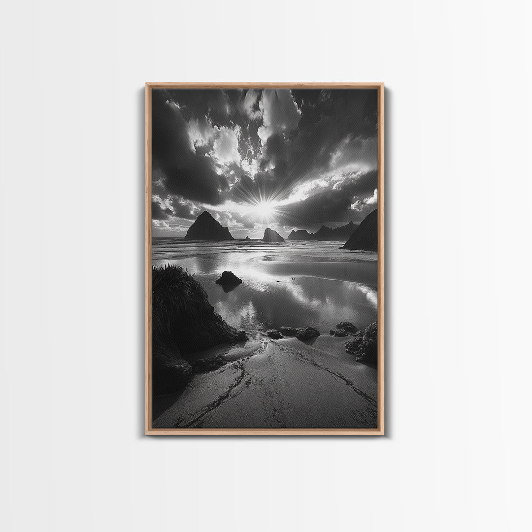 Dramatic Ocean Sunset, Coastal Mountains, Seascape Photography, Canvas Print, Stormy Sky Art, Living Room Focal Wall Decor