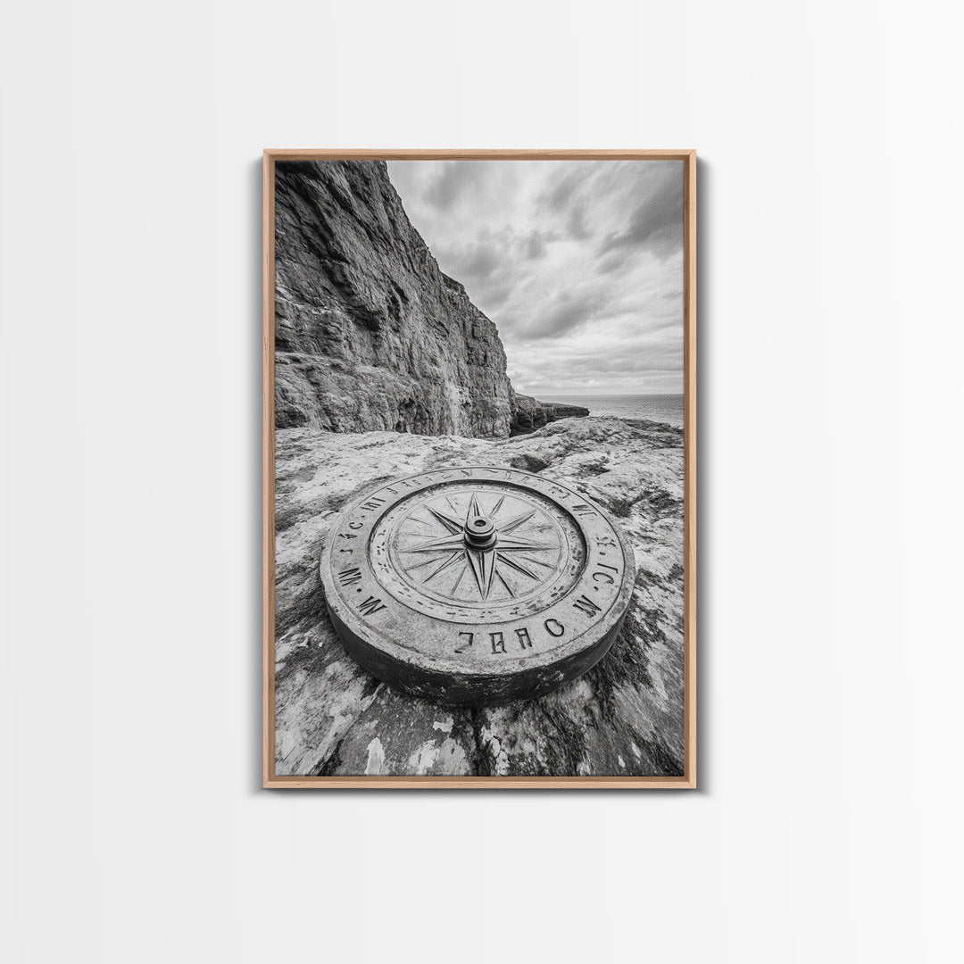Compass On Cliff, Adventure Travel Art, Nautical Wall Decor, Framed Canvas Print, Rustic Office Art, Nature Explorer Gift Idea