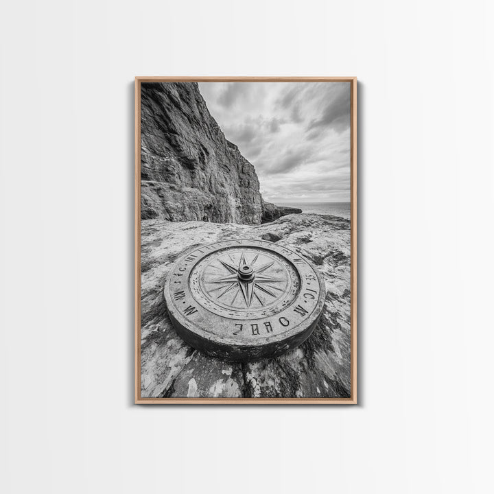Compass On Cliff, Adventure Travel Art, Nautical Wall Decor, Framed Canvas Print, Rustic Office Art, Nature Explorer Gift Idea