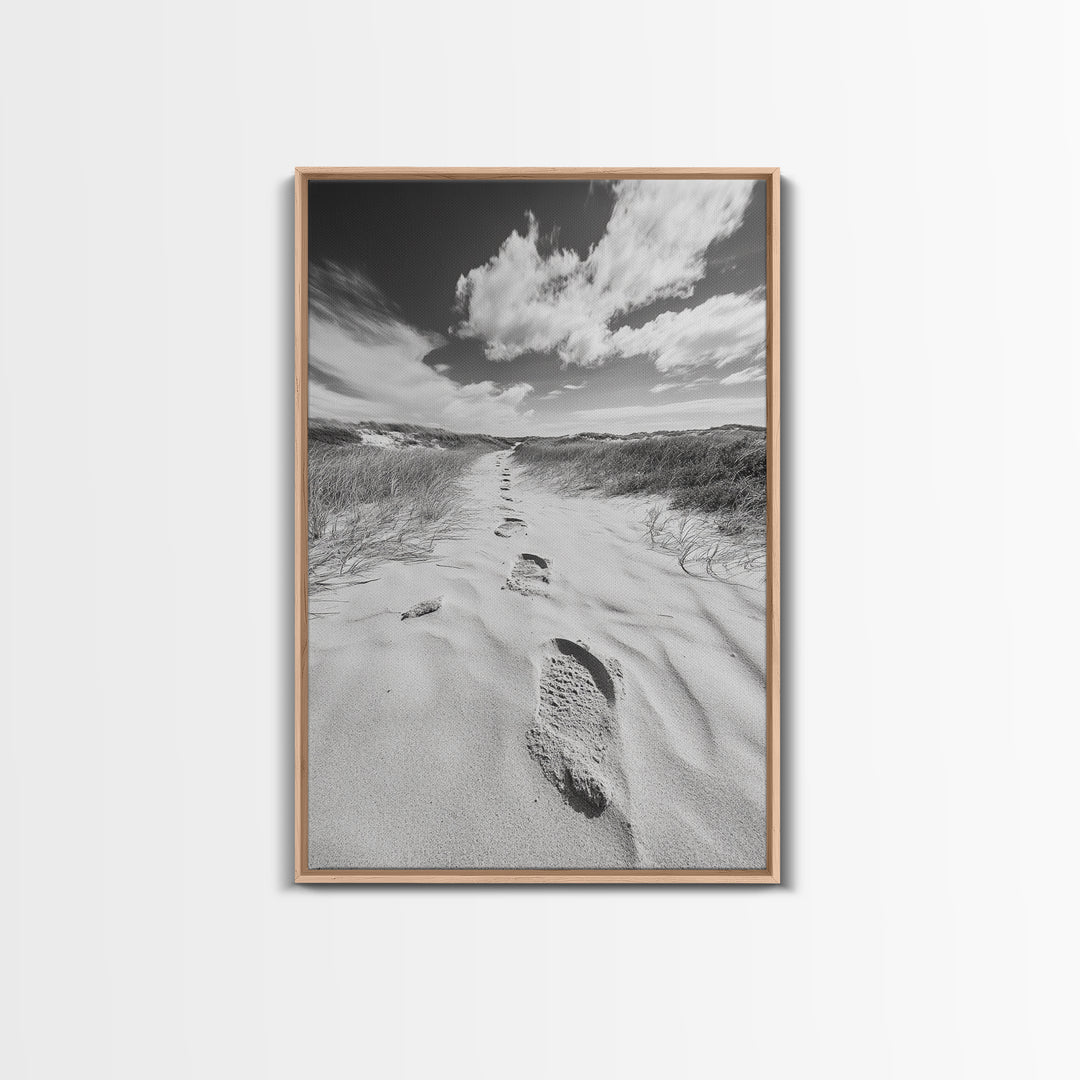 Desert Footprints Path, Dune Art, Wanderlust Vibes, Monochrome Landscape, Framed Canvas Print, Bedroom Wall Decor, Minimalist Travel
