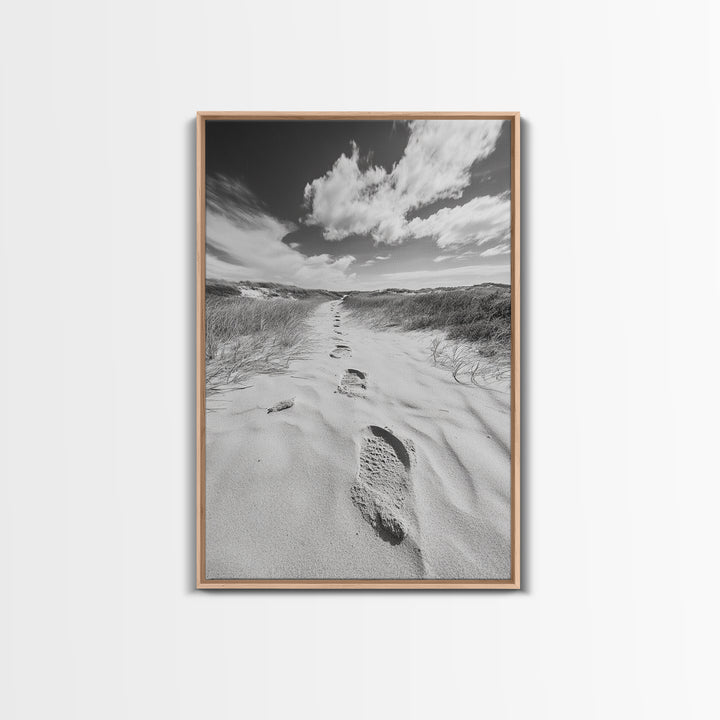 Desert Footprints Path, Dune Art, Wanderlust Vibes, Monochrome Landscape, Framed Canvas Print, Bedroom Wall Decor, Minimalist Travel