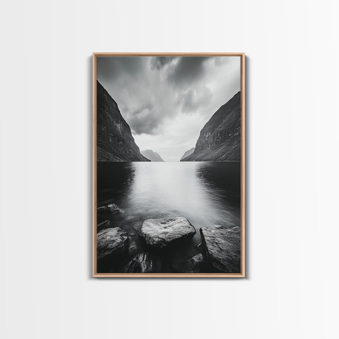 Mountain Lake, Nordic Fjord, Moody Water, Framed Canvas Print, Minimalist Wall Art, Serene Living Room Decor, Monochrome Nature Scene